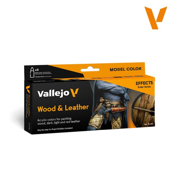 vallejo 70182 Madera y Cuero El juego incluye 8 colores acrílicos Model Color de 17 ml. para crear efectos de madera, cuero oscuro, claro y rojizo. Incluye un paso a paso ilustrado de Angel Giraldez.