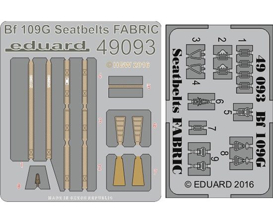 eduard 49093 Seatbelts Bf 109G Fabric 1/48 Cinturones de seguridad impresos a color y hebillas en fotograbado para la maqueta del Messerschmitt Bf 109G