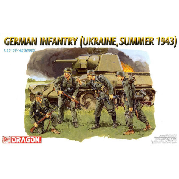 dragon 6153 German Infantry (Ukraine, Summer 1943) Kit en plástico para montar y pintar. El kit se compone de 4 figuras de infantería alemana en el verano de 1943 en el frente del este. Piezas 80+