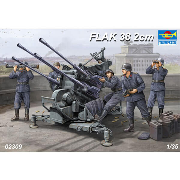 trumpeter 02309 German Flak 38 2cm 1/35 Kit en plástico para montar y pintar, incluye piezas en fotograbado. Piezas para montar el Flak 38 y el carro de transporte.