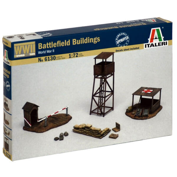 italeri 6130 Battlefield Buildings 1/72 Kit en plástico para montar y pintar. El set esta compuesto por una torre de observación, garita con barrera, puesto de primeros auxilios y sacos terreros.