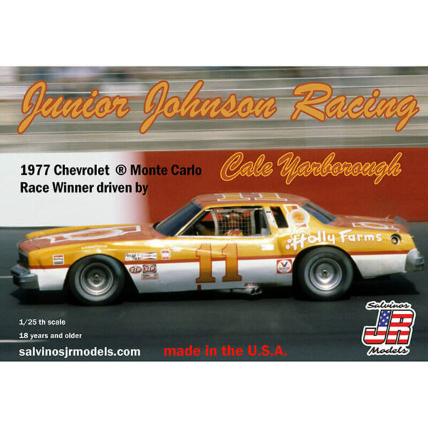 salvinos jr models JJMC1977NW Junior Johnson Racing 1977 Chevrolet ®Monte Carlo NASCAR 1977 Kit en plástico para montar y pintar. Incluye interior con jaula antivuelco, suspensión  y motor V8 detallados.
