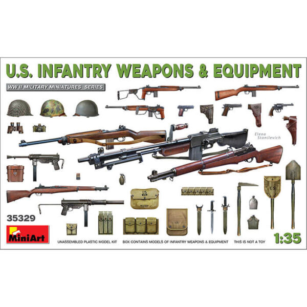 miniart 35329 U.S. Infantry Weapons & Equipment 1/35 WW II Military Miniatures Kit en plástico para montar y pintar. Incluye distintos tipos de armas y equipo de la infantería americana durante la 2ª GM.