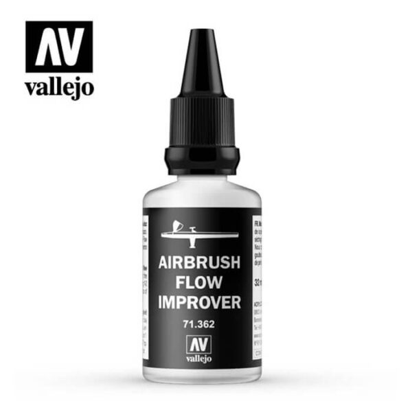 Acrylicos Vallejo Airbrush Flow Improver 32ml Médium formulado para mejorar la fluidez de la pintura y retrasar su secado en el aerógrafo.