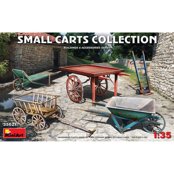 miniart 35621 Small Carts Collection Building & Accesories Series kit en plástico para montar y pintar. Contiene una selección de 5 carros y carretillas. Escala 1/35
