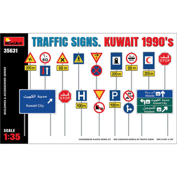 miniart 35631 Traffic Signs Kuwait 1990s Building & Accesories Series kit en plástico para montar y pintar. Incluye calcas y carteles impresos. Escala 1/35