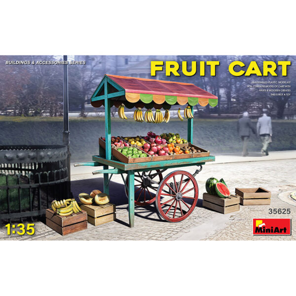 miniart 35625 1/35 Fruit Cart kit en plástico para montar y pintar. Contiene un carro, cajas de madera y frutas.