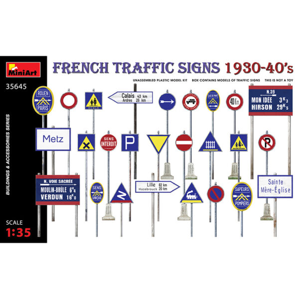 miniart 35645 1/35 French Traffic Signs 1930-40s kit en plástico para montar y pintar señales de tráfico francesas de los años 1930-40. Incluye calcas.