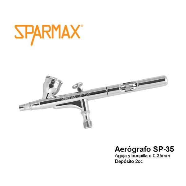 Aerógrafo Sparmax SP-35  Aerógrafo de doble acción, con regulador de recorrido de aguja para limitar el flujo de pintura.