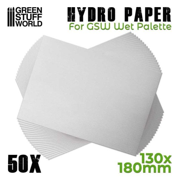 Hidro papel x50 Green Stuff World Papel sulfurado semipermeable con gramaje de alta resistencia y acabado semitranslúcido. Permite la absorción de agua sin dejar pasar la pintura. Tiene esquinas en ángulo recto para encajar bien con la paleta húmeda GSW. Tamaño: 180x130mm