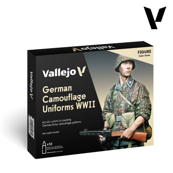 vallejo70261 German Camouflage Uniforms WWII Estuche con 18 colores para pintar los camuflajes splinter de la Wehrmacht y la Luftwaffe además de los camuflajes de las Waffen SS. Incluye una guía de pintura. Presentación en bote cuentagotas de 18ml.