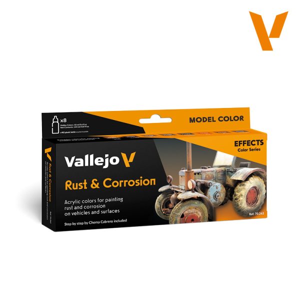 vallejo 70262 Rust & Corrosion Set Diseñado por Chema Cabrero, incluye las referencias necesarias para representar efectos de metal oxidado y desgastado sobre vehículos destruidos o abandonados, así como sobre elementos metálicos en edificios y estructuras.