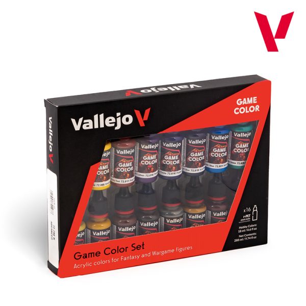 vallejo 72298 Game Color Set: Avanzado Una selección de 16 colores, 3 de ellos metalizados, y complementa el set 72.299 Introducción. Los colores han sido cuidadosamente escogidos para empezar a practicar técnicas de pintura más avanzadas.